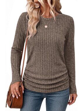 👚Women's Brown Long Sleeve Shirts Side Ruched Early Fall Crewneck Tunic Tops